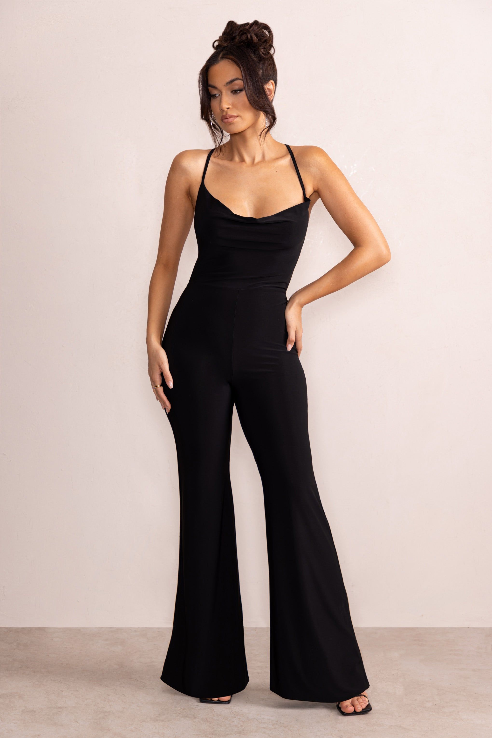 Itzel | Black Cowl Neck Strappy Back Flared Leg Jumpsuit sold by Club L London product image thumbnail 5