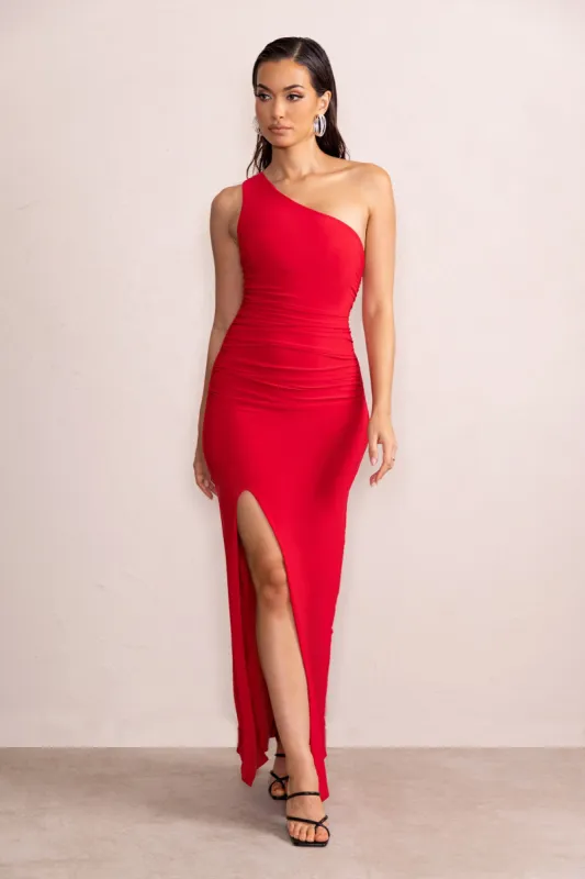 Lilou | Red One Shoulder Wrap Skirt Maxi Dress | Parallel