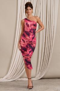 Dorit | Pink Print One Shoulder Asymmetric Ruched Midi Dress sold by Club L London