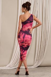 Dorit | Pink Print One Shoulder Asymmetric Ruched Midi Dress sold by Club L London