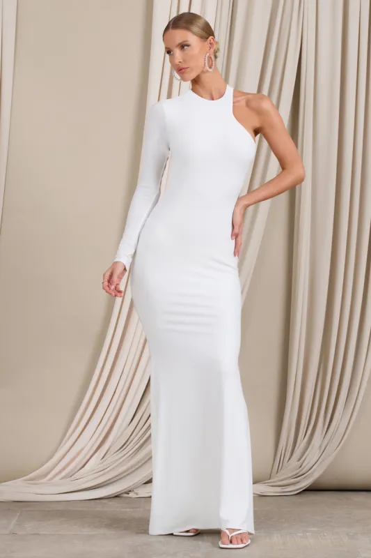 Tyra | White Asymmetric Neck Cut Out Maxi Dress With Open Back Detail sold by Club L London