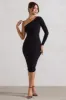In The Shadows | Black One Shoulder Midi Dress With Ruching sold by Club L London