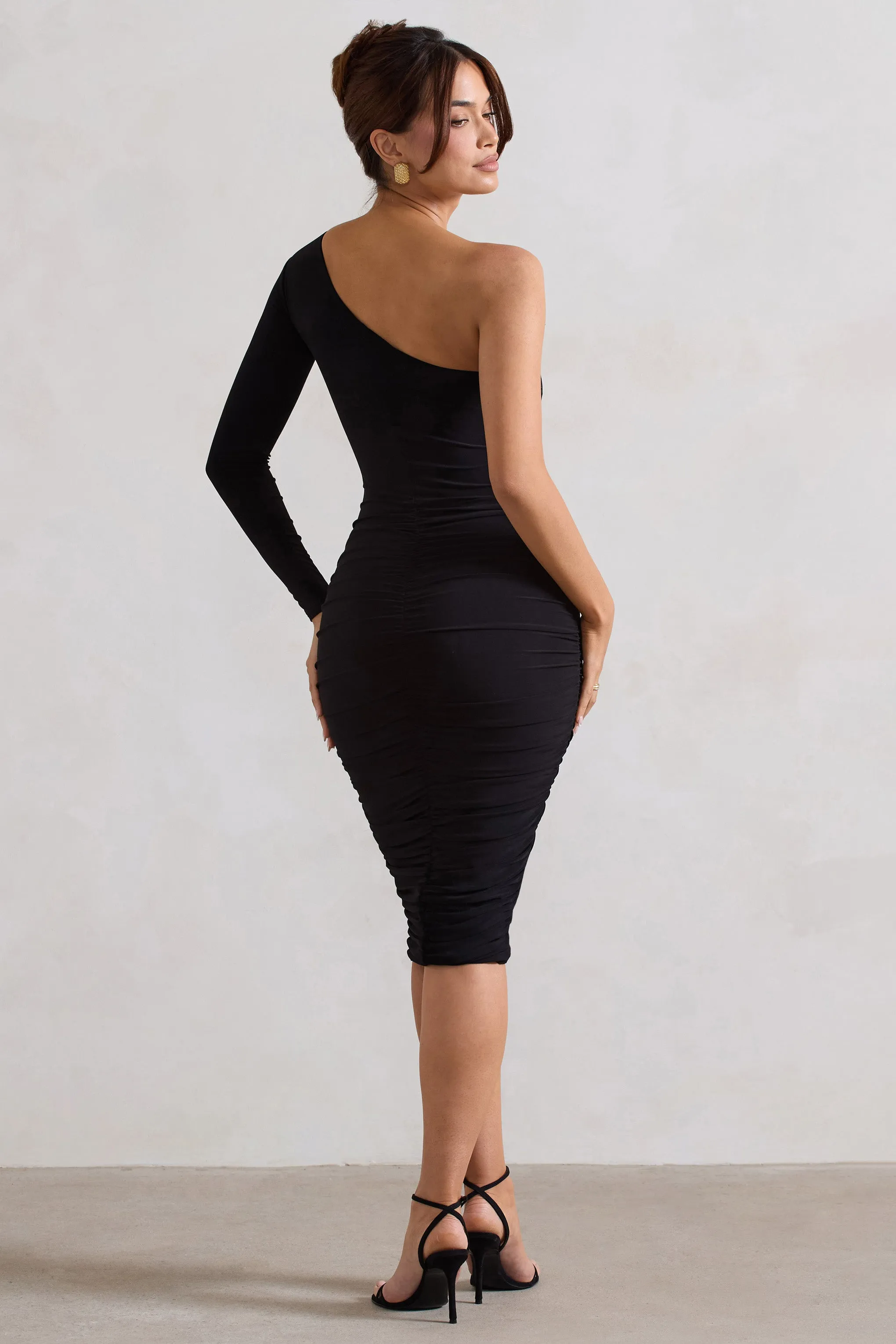 In The Shadows | Black One Shoulder Midi Dress With Ruching sold by Club L London product image thumbnail 2