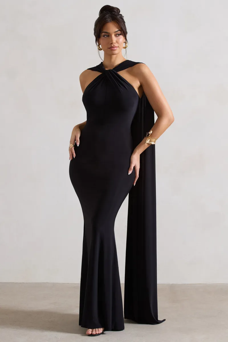 Aliza Royal Blue Cape Maxi Dress With Gold Ring – Club L