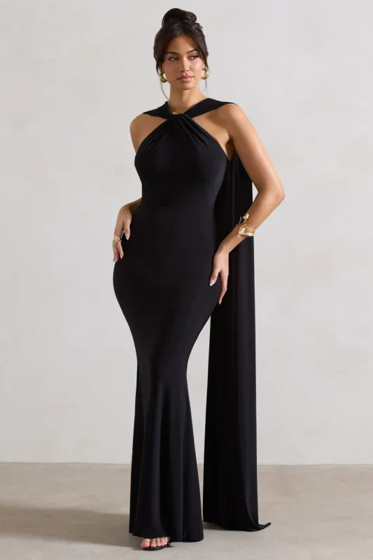 First Glance | Black Twist-Neck Cape Maxi Dress sold by Club L London
