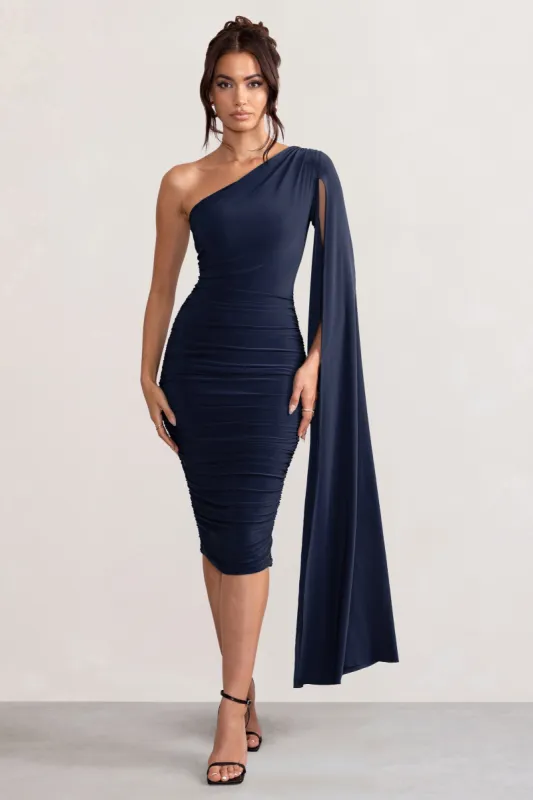 Yara | Navy One Shoulder Cape Ruched Midi Dress sold by Club L London