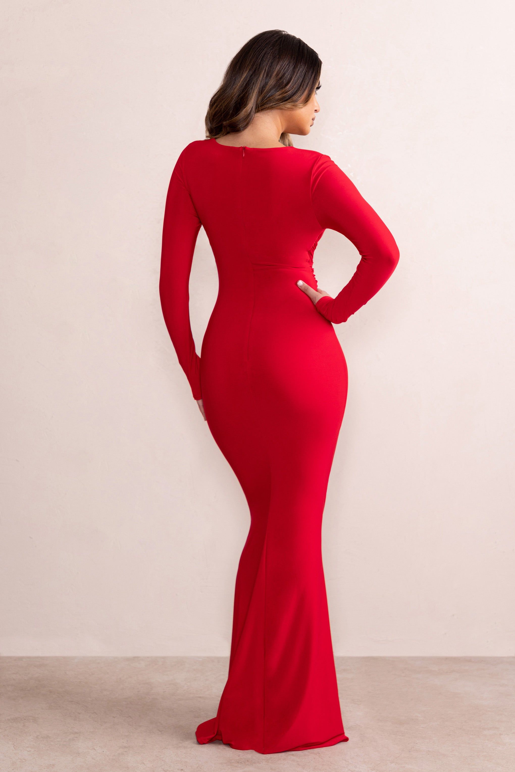 Leah | Red Plunge Sweetheart Neckline Fishtail Maxi Dress With Twist Front Detail sold by Club L London product image thumbnail 2