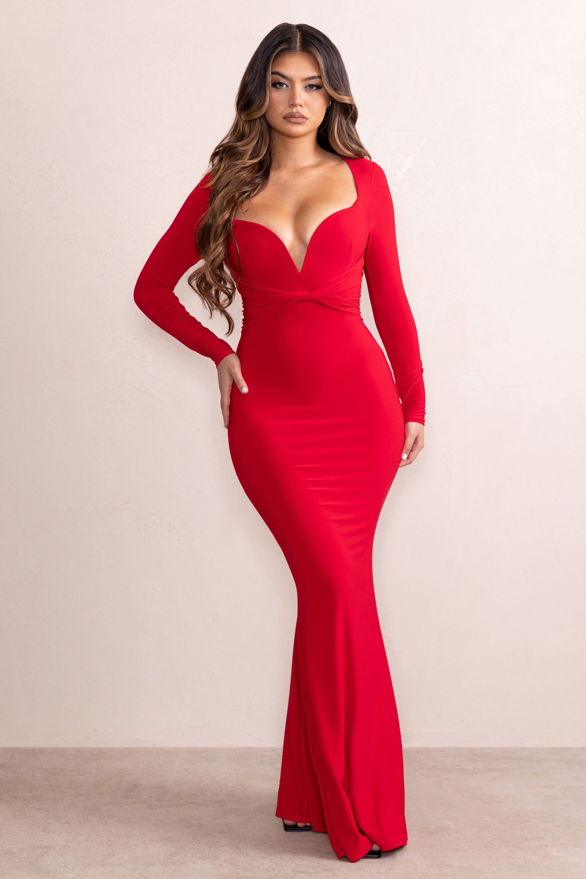 Leah | Red Plunge Sweetheart Neckline Fishtail Maxi Dress With Twist Front Detail sold by Club L London product image thumbnail 4