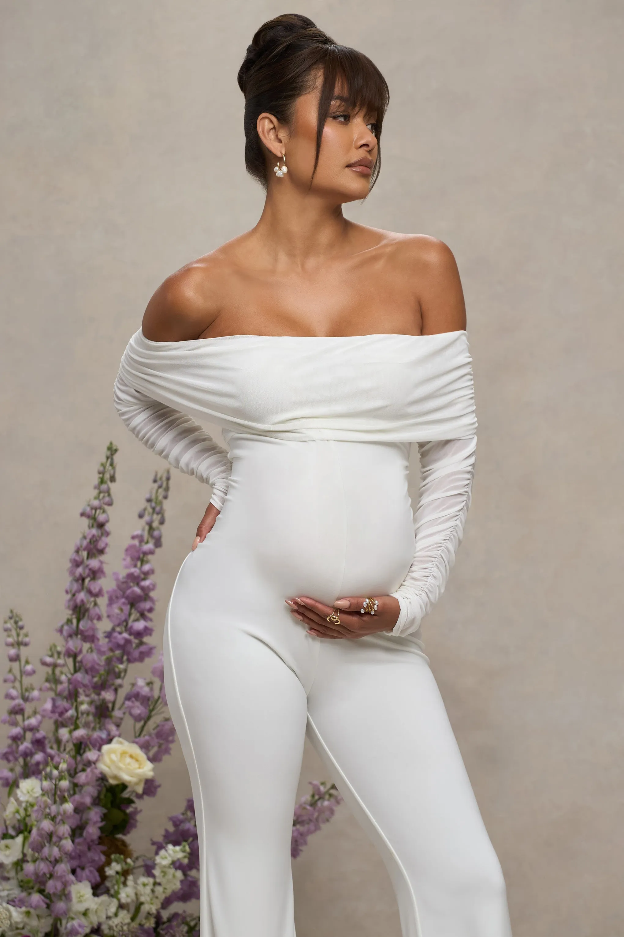 Count Down | White Maternity Ruched Mesh Bardot Jumpsuit sold by Club L London product image thumbnail 3