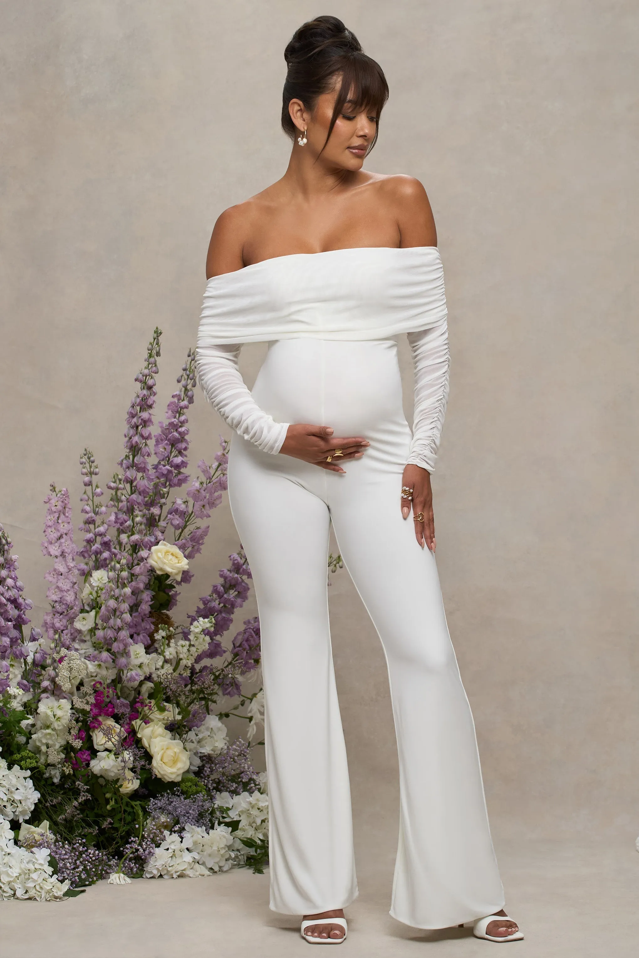 Count Down | White Maternity Ruched Mesh Bardot Jumpsuit sold by Club L London product image thumbnail 5