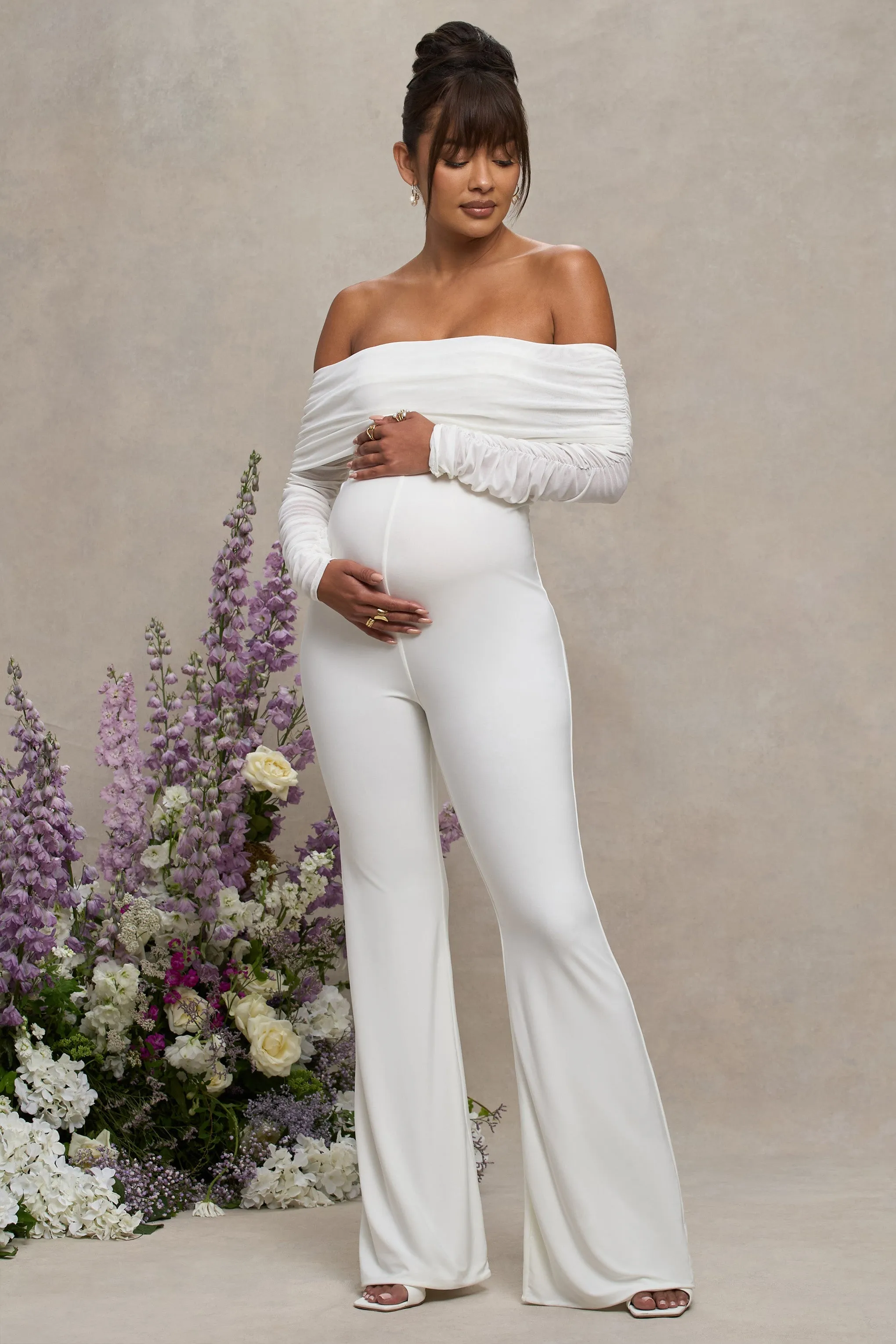 Count Down | White Maternity Ruched Mesh Bardot Jumpsuit sold by Club L London product image thumbnail 4