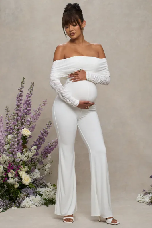 Count Down | White Maternity Ruched Mesh Bardot Jumpsuit sold by Club L London