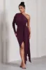Catherine | Plum One Sleeve Asymmetric Midi Dress With Statement Drape sold by Club L London