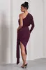 Catherine | Plum One Sleeve Asymmetric Midi Dress With Statement Drape sold by Club L London