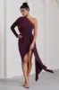 Catherine | Plum One Sleeve Asymmetric Midi Dress With Statement Drape sold by Club L London