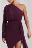 Catherine | Plum One Sleeve Asymmetric Midi Dress With Statement Drape sold by Club L London