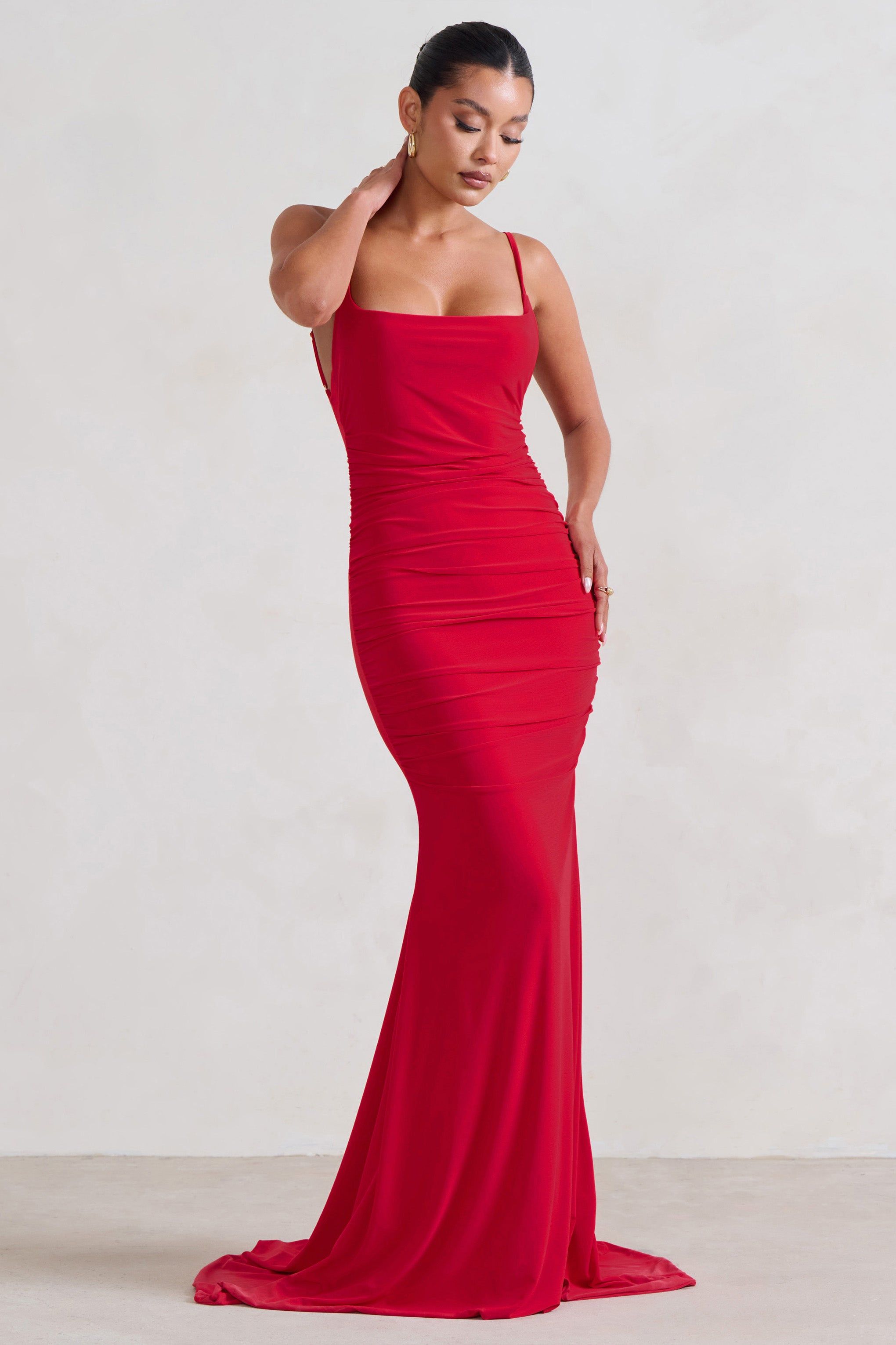 Adele | Red Ruched Fishtail Cami Maxi Dress sold by Club L London