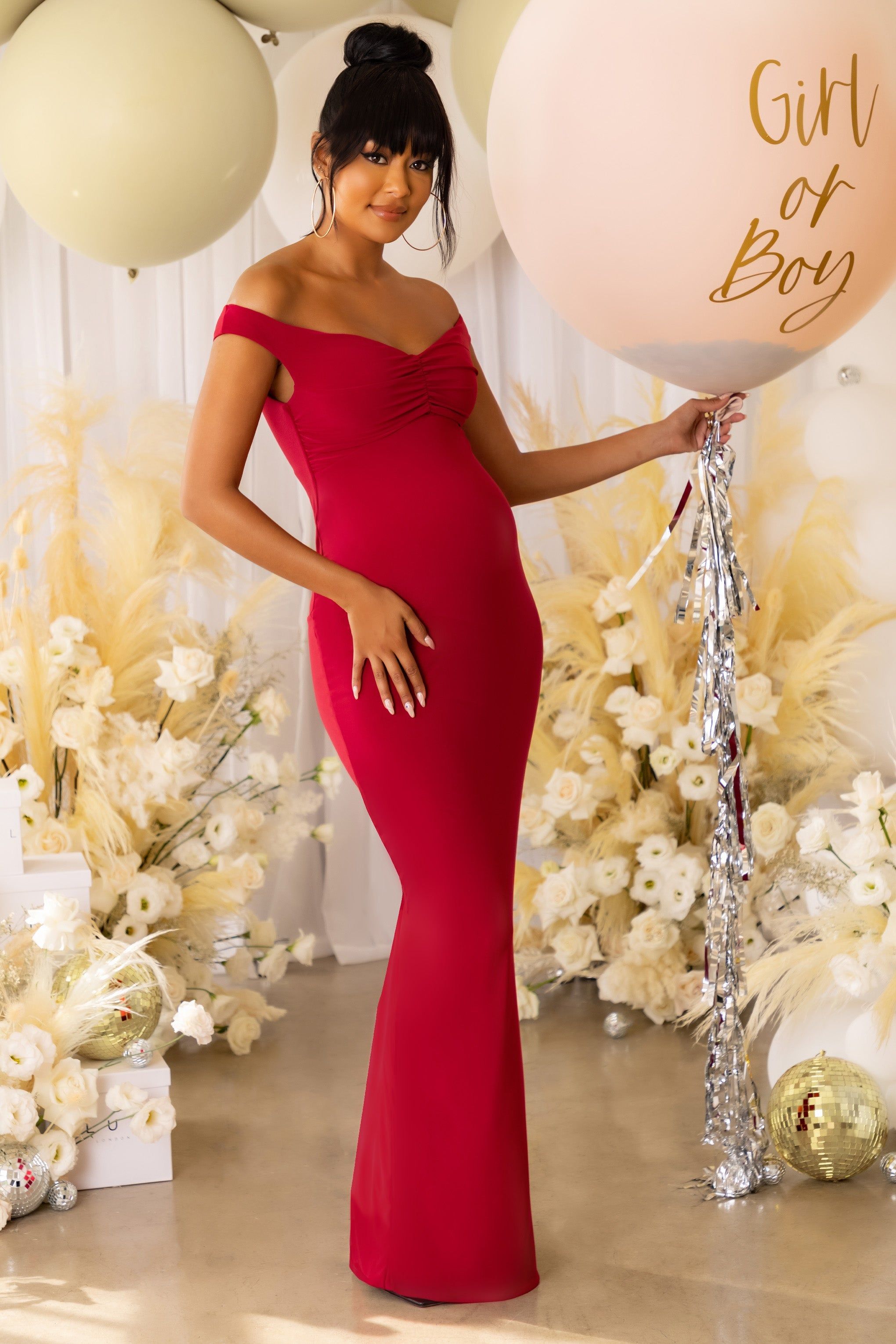 Precious Moment | Berry Maternity Off The Shoulder Maxi Dress sold by Club L London product image thumbnail 3