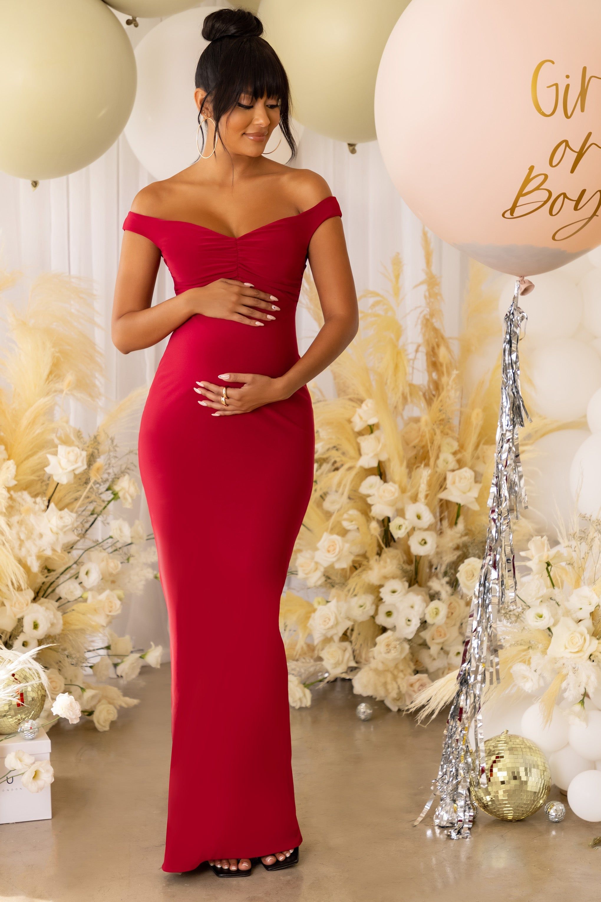 Precious Moment | Berry Maternity Off The Shoulder Maxi Dress sold by Club L London product image thumbnail 4