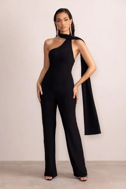 Emmalyn | Black Scarf Neck Straight Leg Jumpsuit sold by Club L London