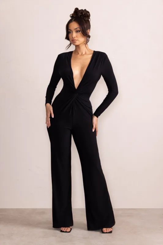 Ember | Black Twist Front Plunge Wide Leg Jumpsuit sold by Club L London