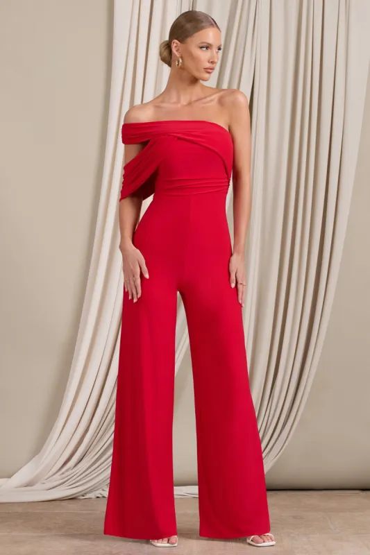 Candy | Red Asymmetric One Shoulder Ruched Jumpsuit sold by Club L London