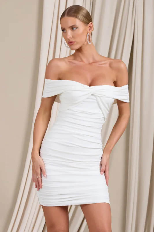 Appreciate | White Off The Shoulder Ruched Mini Dress sold by Club L London