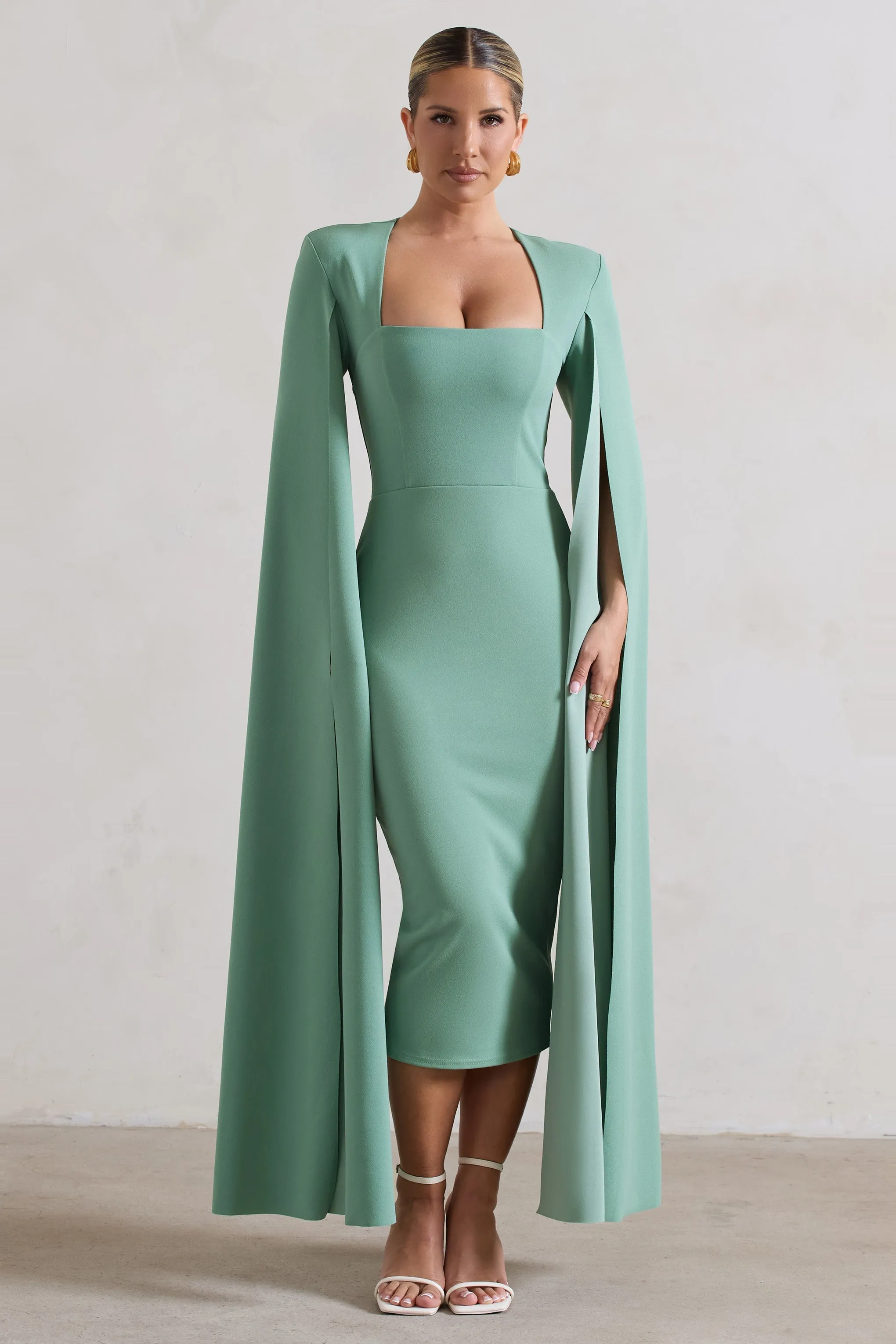 No Replacement | Sage Green Square-Neck Cape-Sleeve Midi Dress sold by Club L London