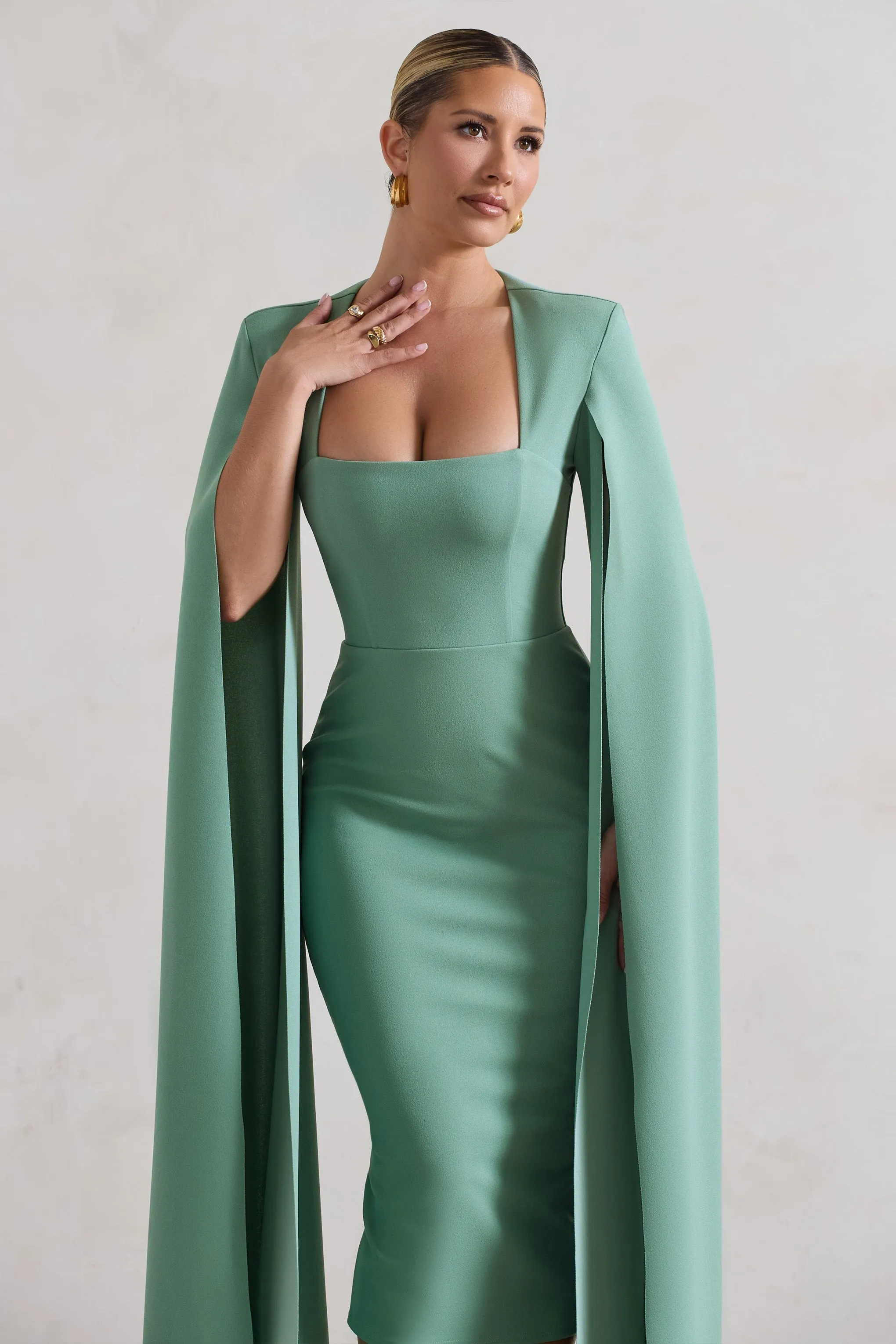 No Replacement | Sage Green Square-Neck Cape-Sleeve Midi Dress sold by Club L London product image thumbnail 3
