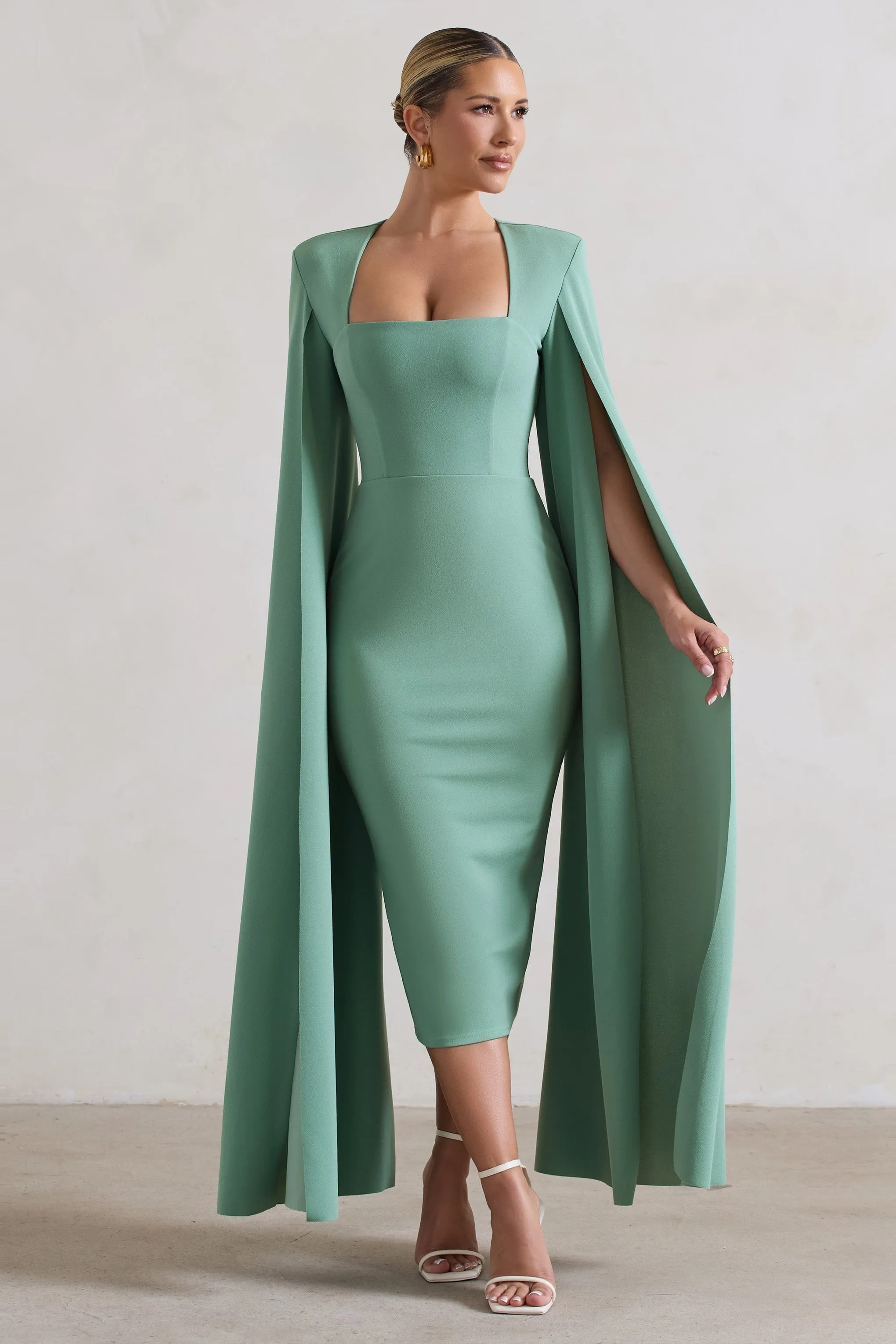 No Replacement | Sage Green Square-Neck Cape-Sleeve Midi Dress sold by Club L London product image thumbnail 5