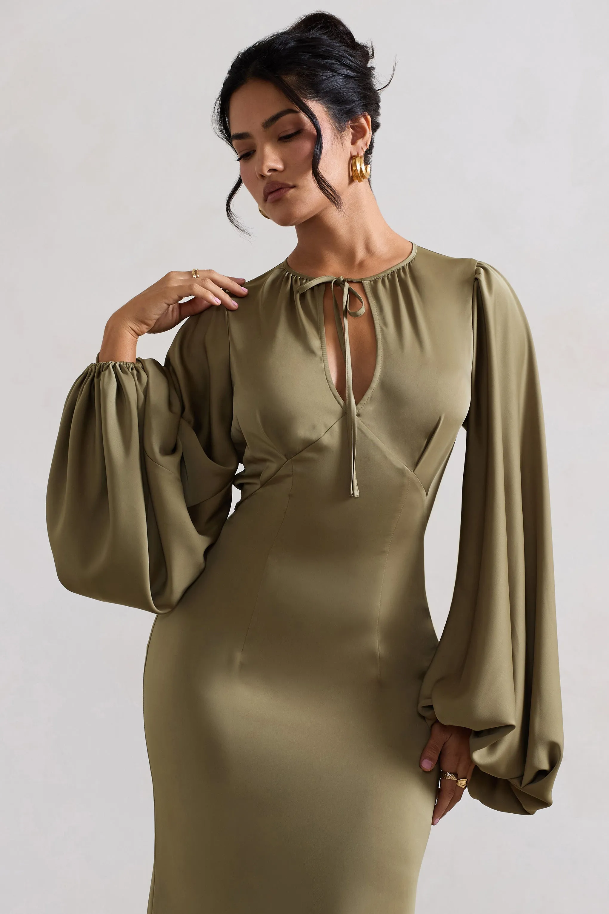 Wild Rose | Olive Satin Puff-Sleeve Cut-Out Maxi Dress sold by Club L London product image thumbnail 3