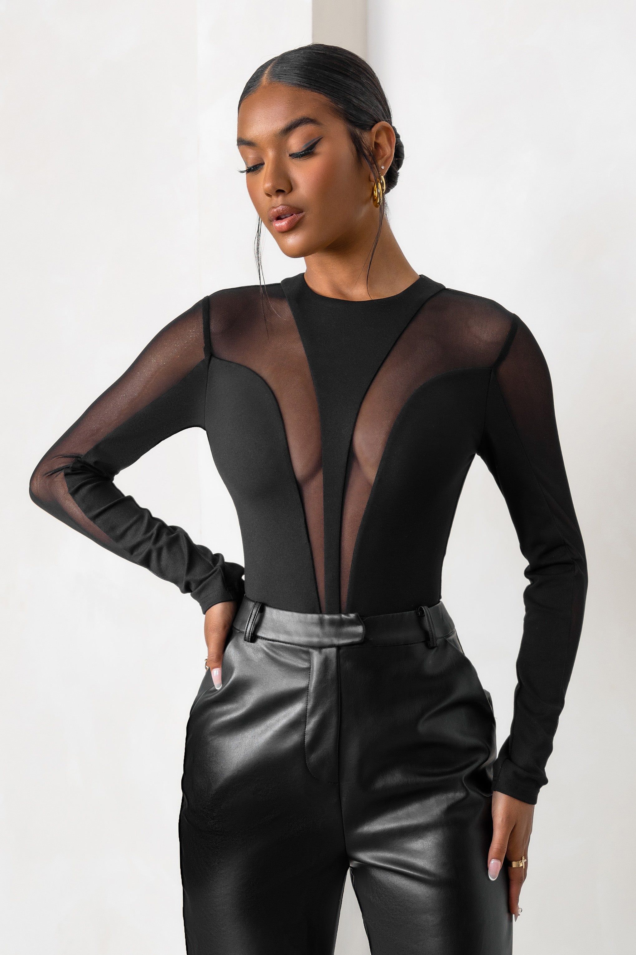 Showing Off | Black Mesh High Neck Long Sleeves Bodysuit sold by Club L London product image thumbnail 4