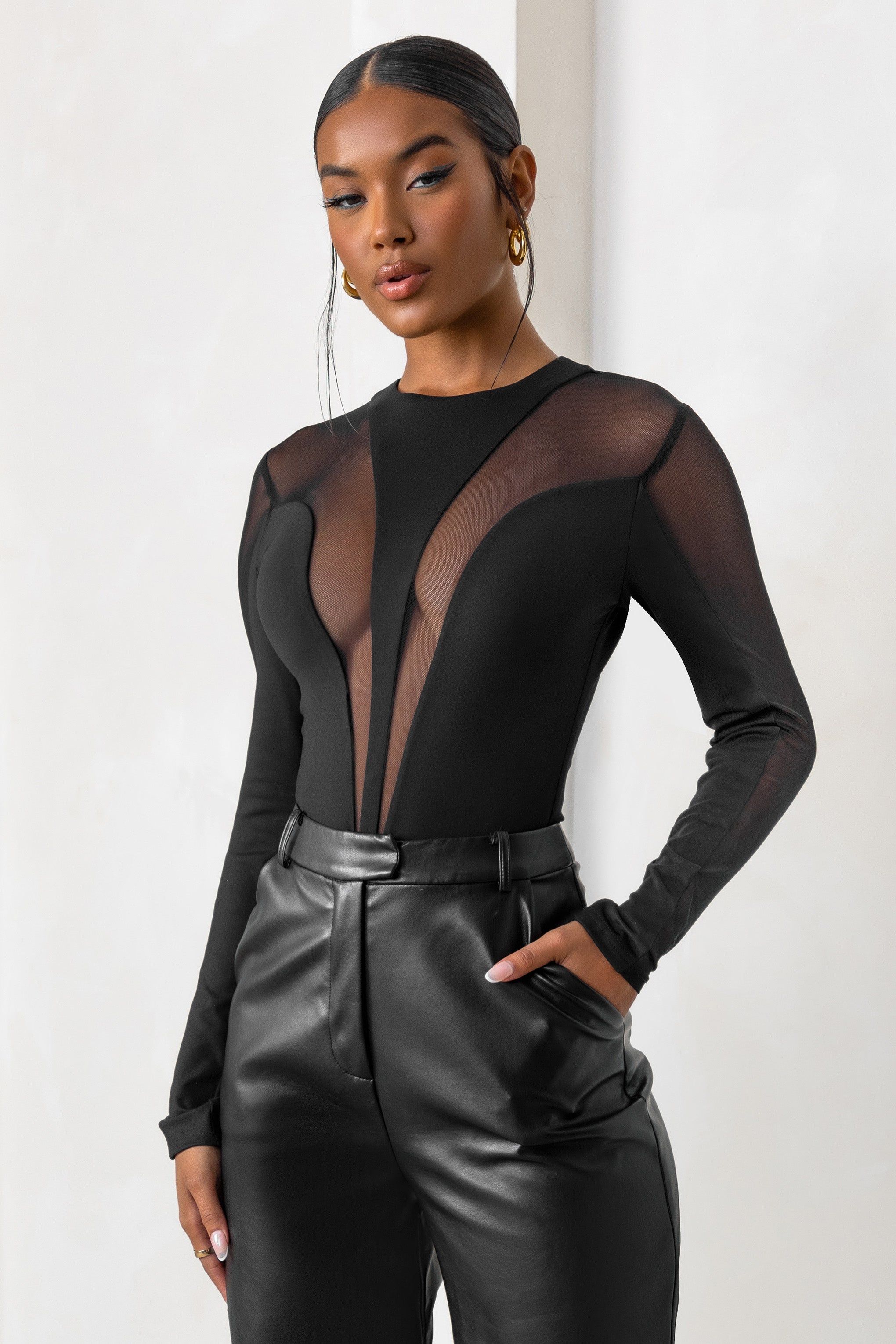 Showing Off | Black Mesh High Neck Long Sleeves Bodysuit sold by Club L London