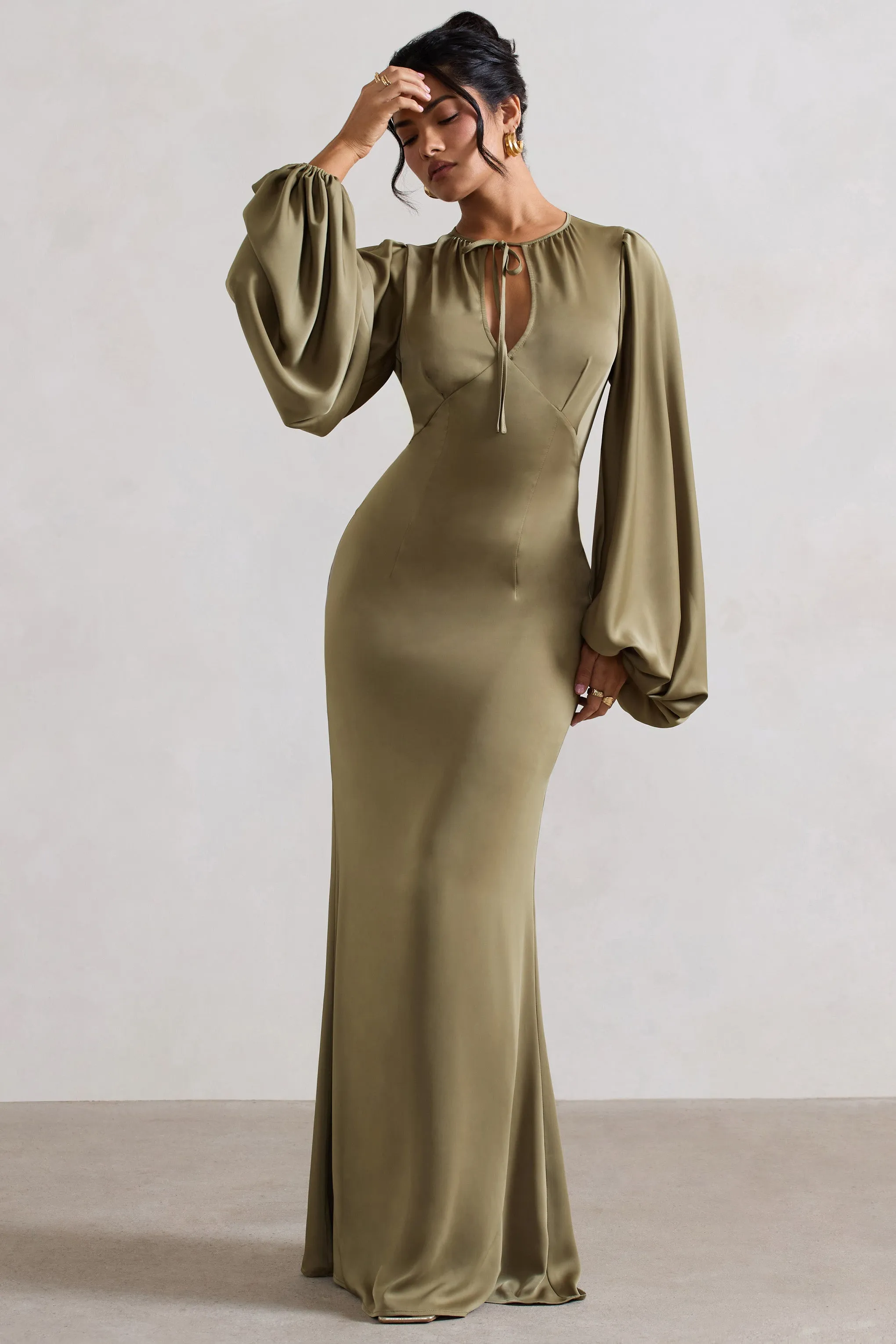 Wild Rose | Olive Satin Puff-Sleeve Cut-Out Maxi Dress sold by Club L London product image thumbnail 5