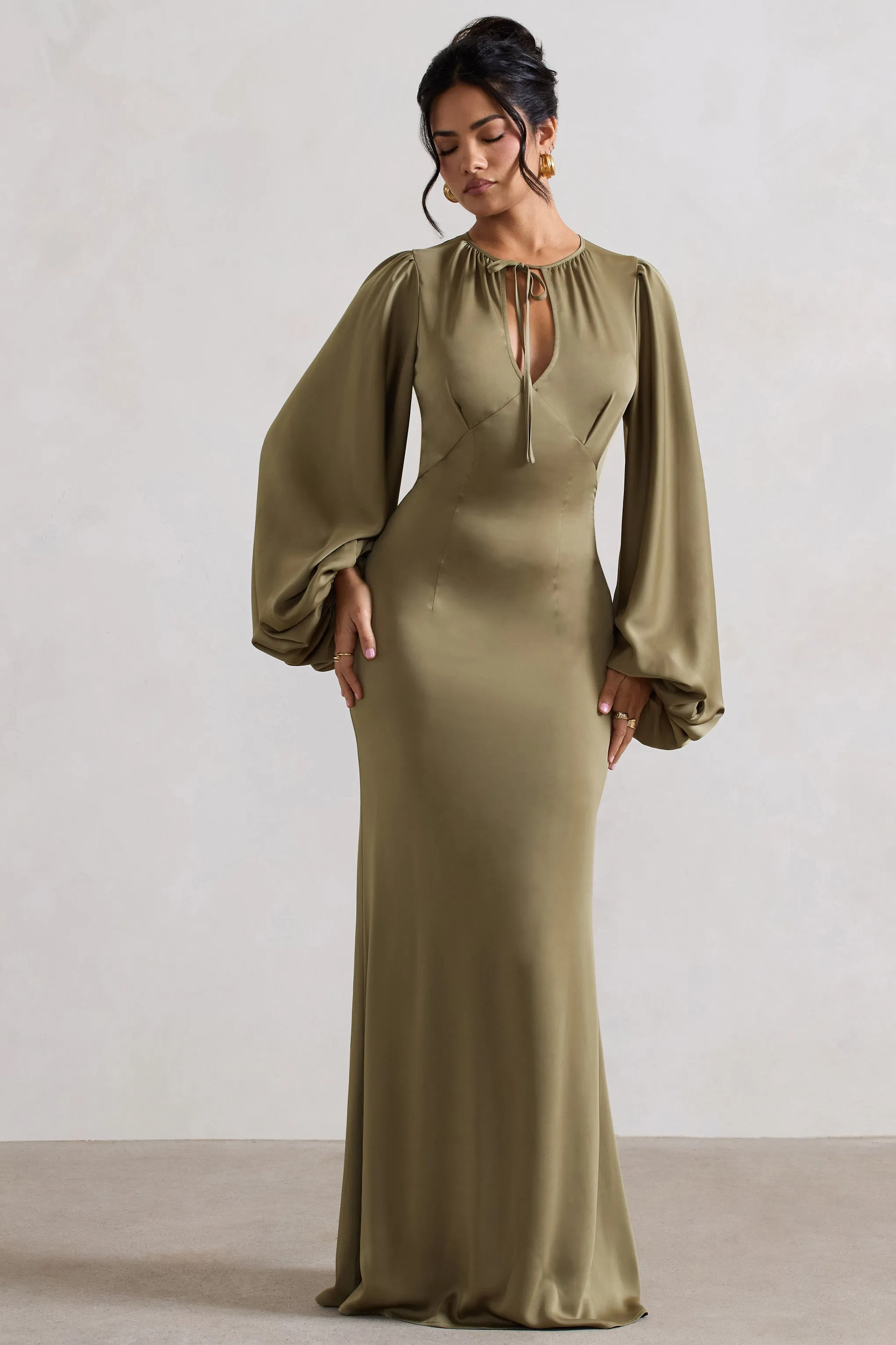 Wild Rose | Olive Satin Puff-Sleeve Cut-Out Maxi Dress sold by Club L London product image thumbnail 4