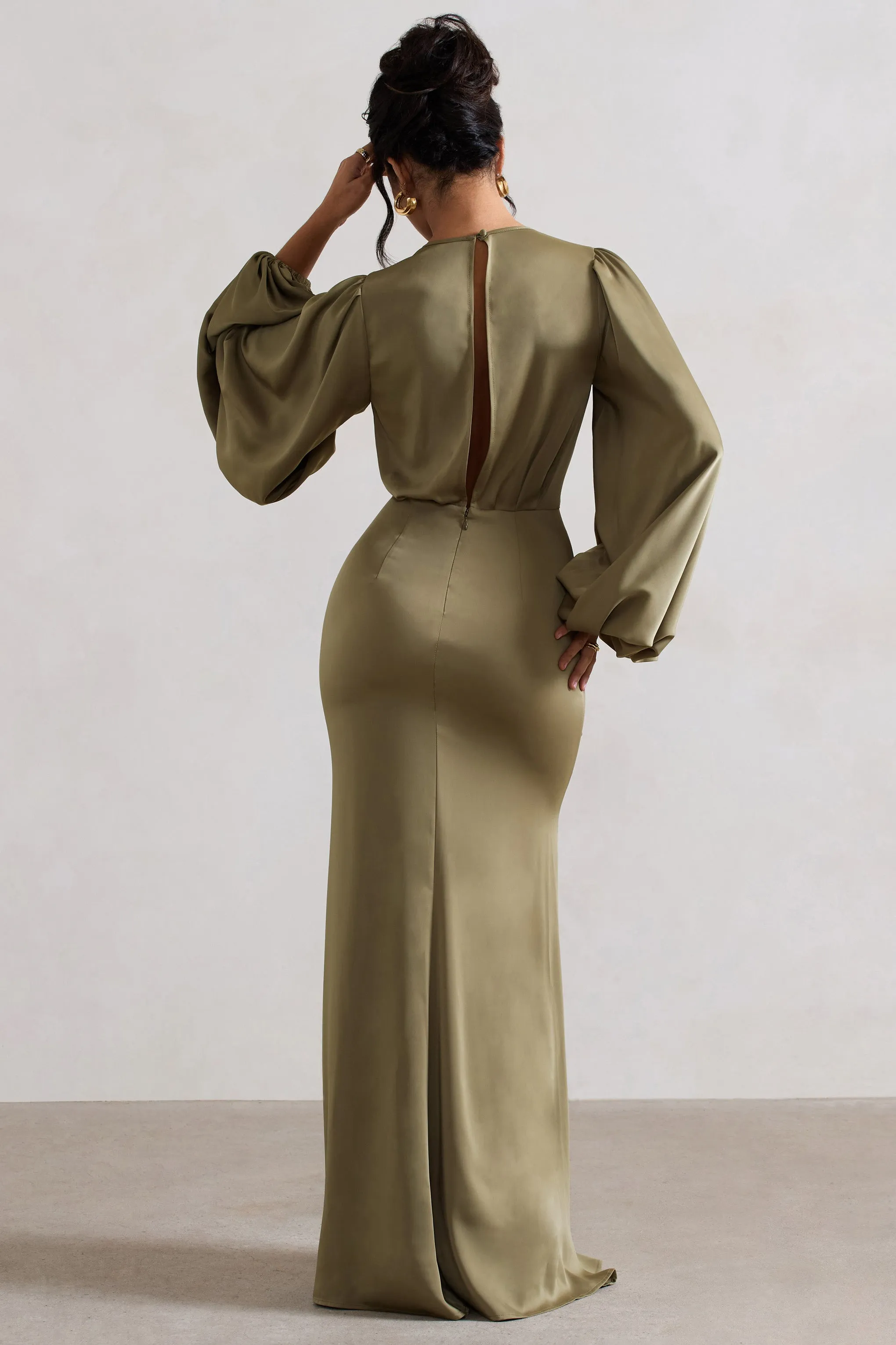 Wild Rose | Olive Satin Puff-Sleeve Cut-Out Maxi Dress sold by Club L London product image thumbnail 2