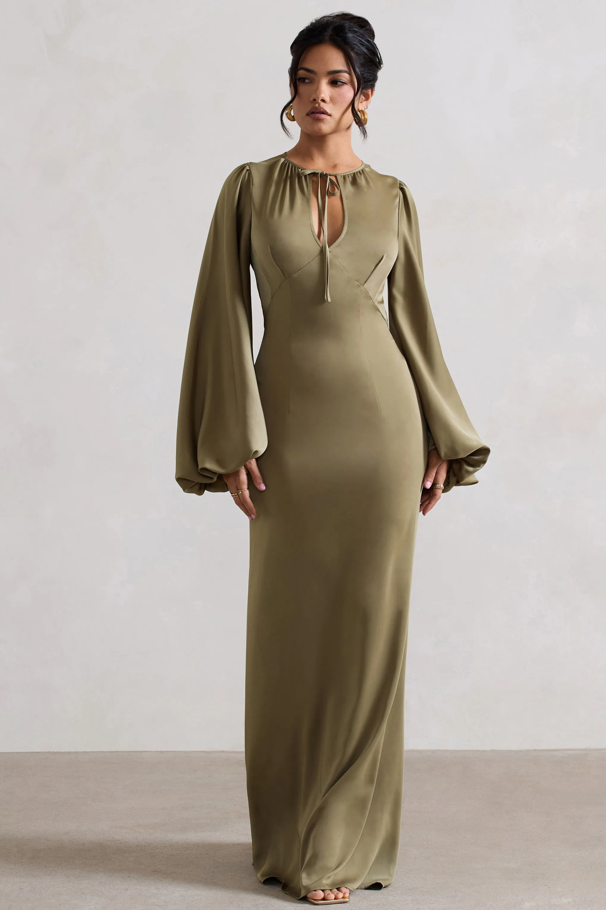 Wild Rose | Olive Satin Puff-Sleeve Cut-Out Maxi Dress sold by Club L London