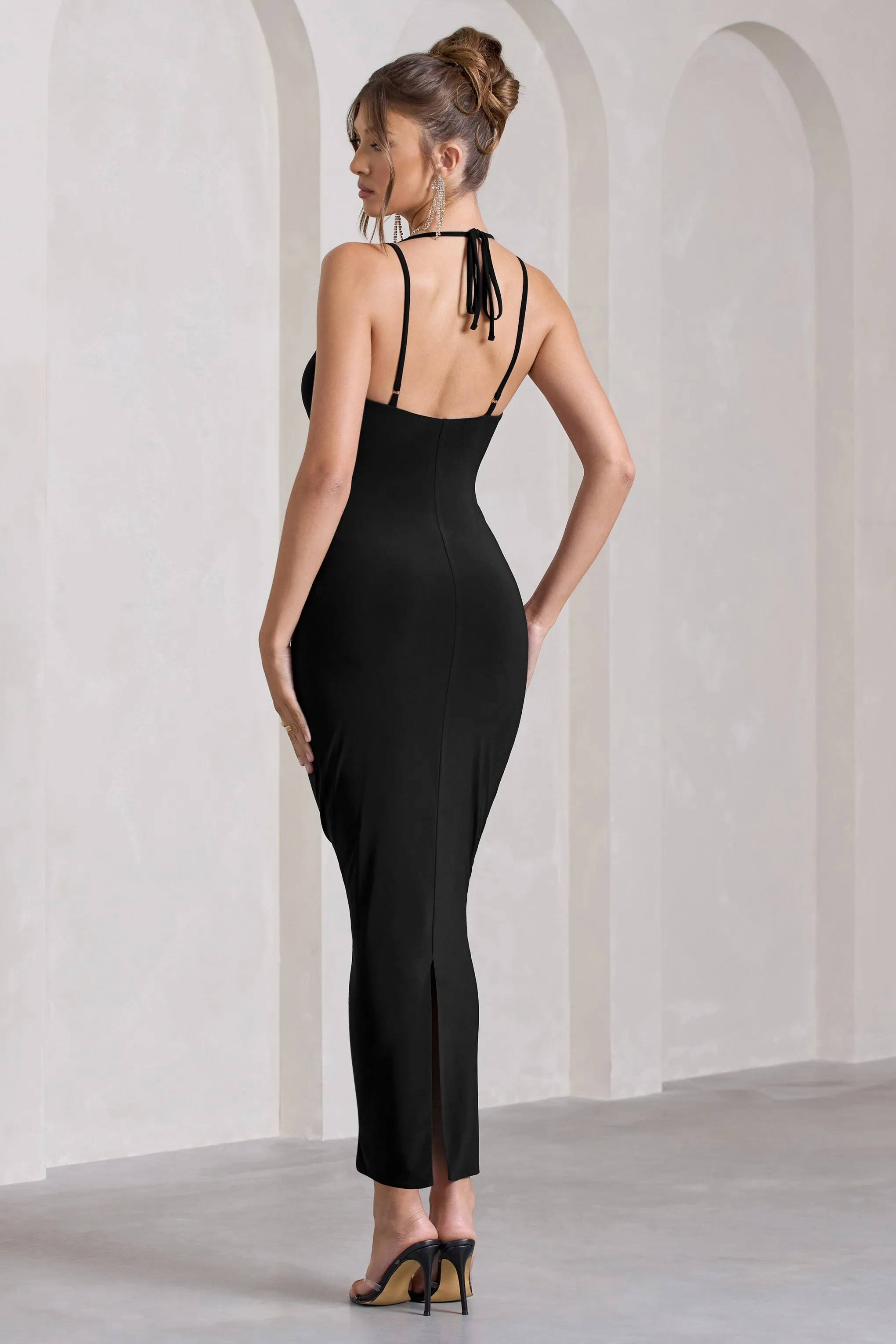 Yvette | Black Plunge-Neck Twisted Maxi Dress With Cross-Back sold by Club L London product image thumbnail 2