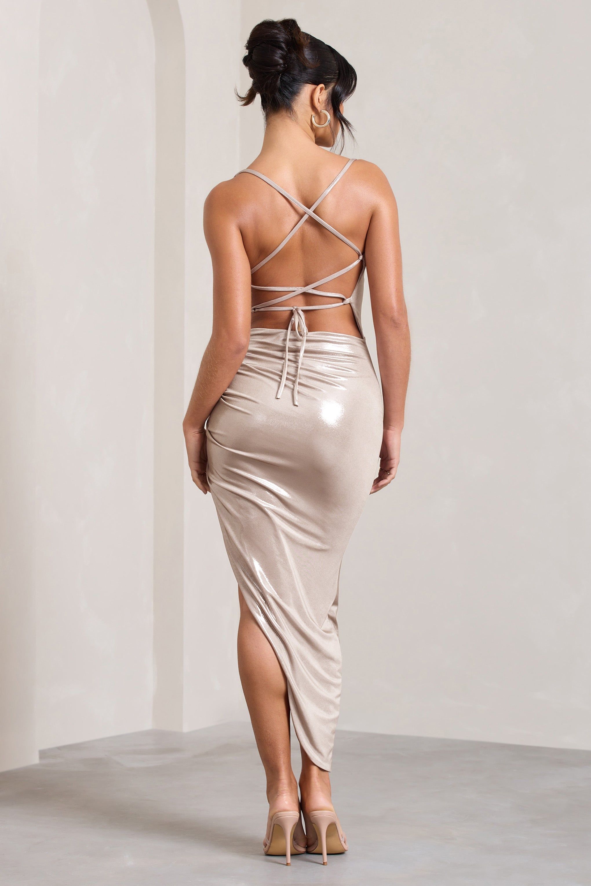 Risk It All | Gold Metallic Cami Cowl Neck Asymmetric Hem Dress sold by Club L London product image thumbnail 2