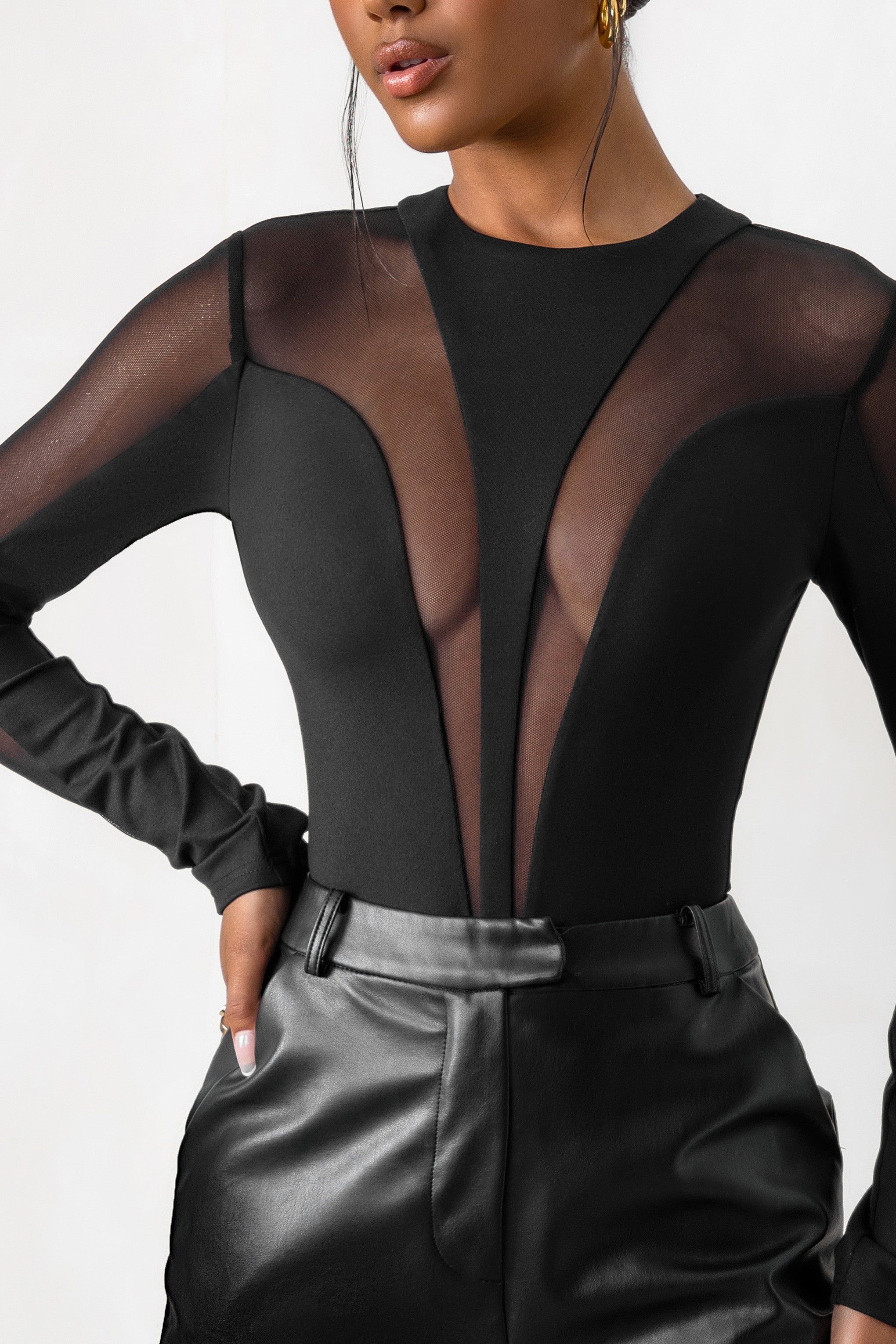 Showing Off | Black Mesh High Neck Long Sleeves Bodysuit sold by Club L London product image thumbnail 3