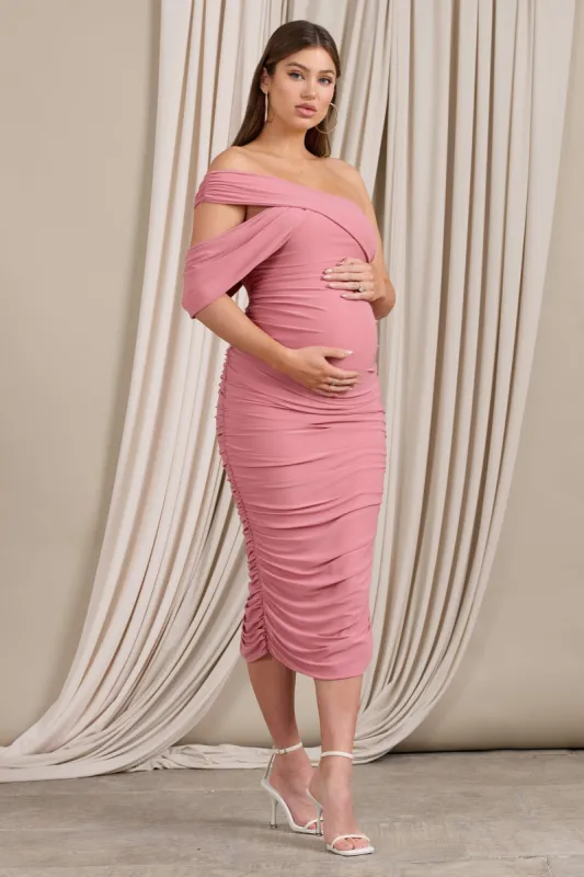 Cici | Blush Pink Asymmetric Ruched Maternity Midi Dress sold by Club L London