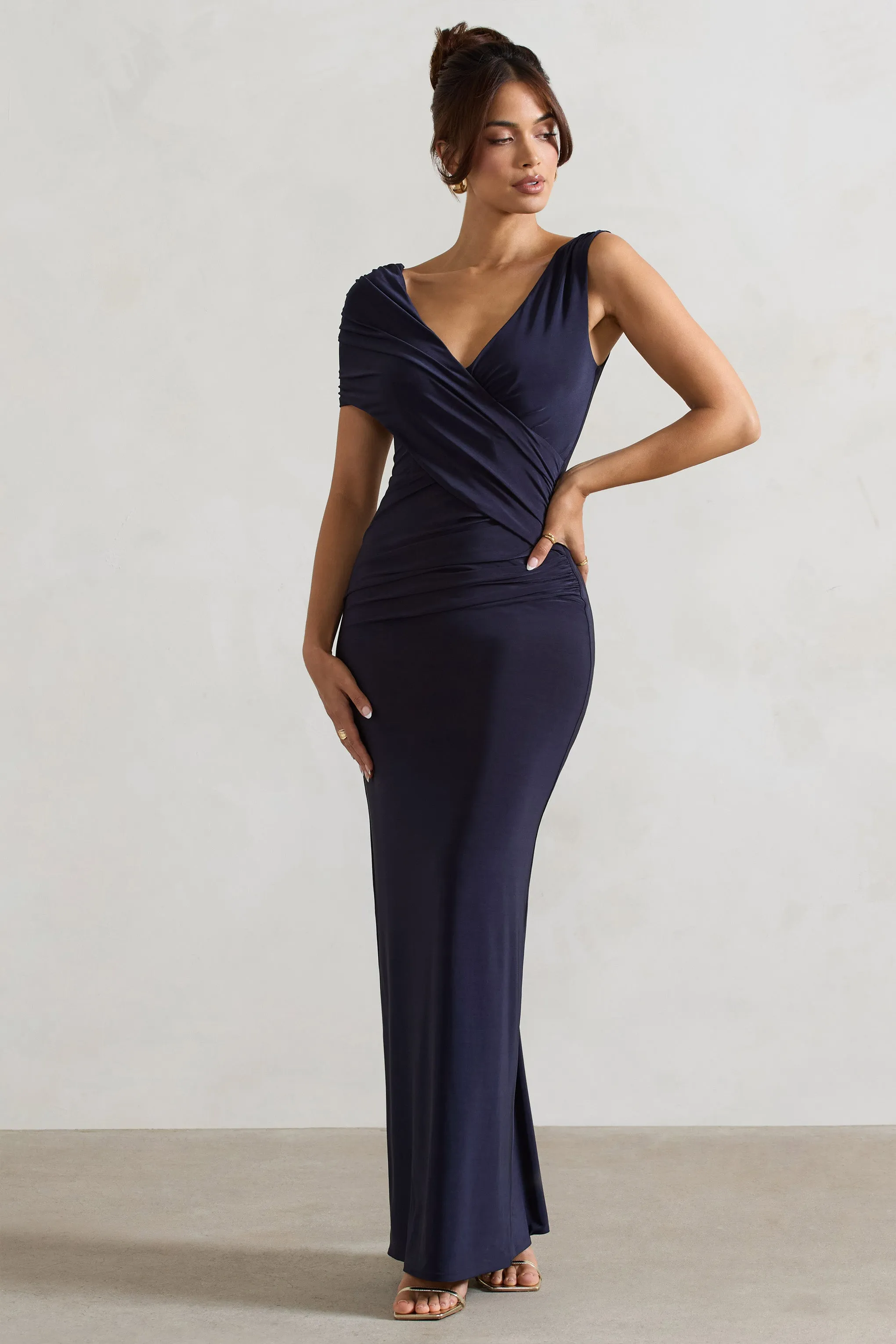Capella | Navy Asymmetric Wrap Maxi Dress sold by Club L London product image thumbnail 4