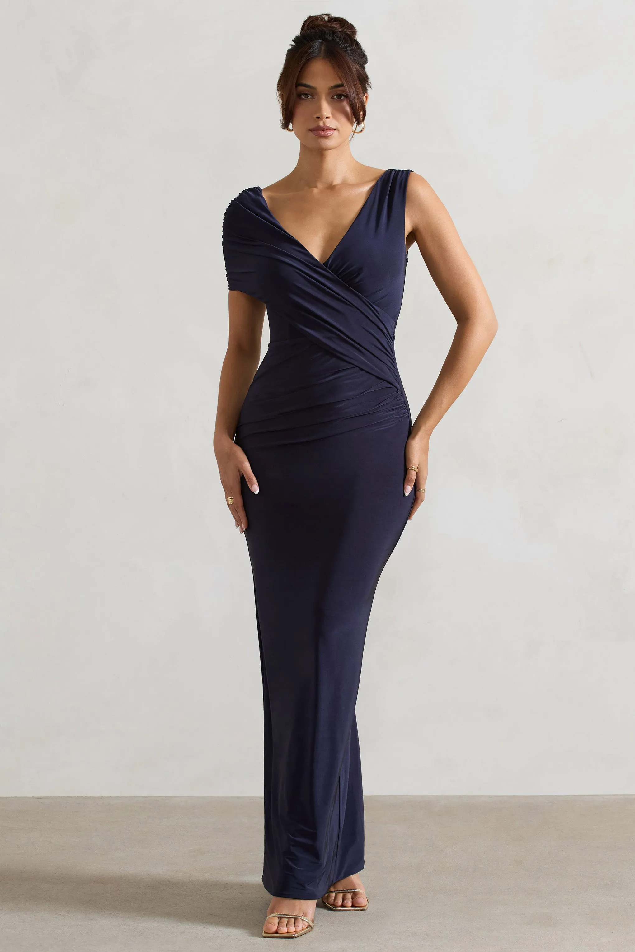 Capella | Navy Asymmetric Wrap Maxi Dress sold by Club L London