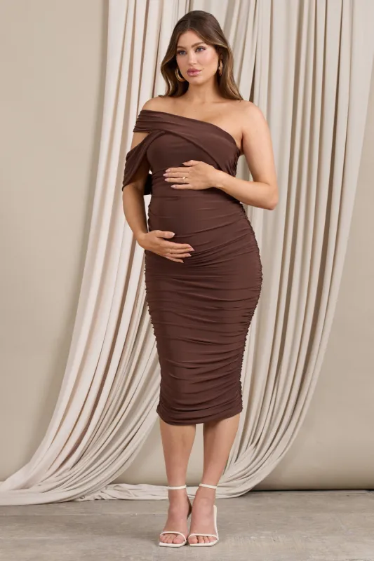 Cici | Brown Asymmetric Ruched Maternity Midi Dress sold by Club L London