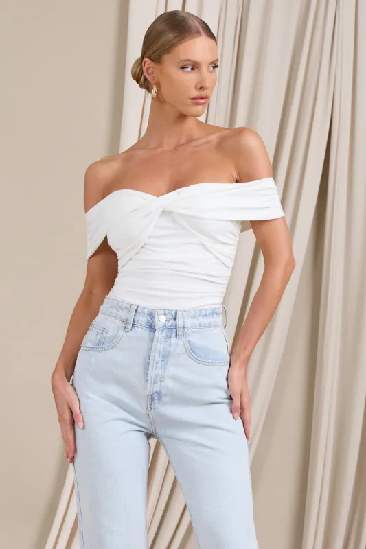 Ronnie | White Off The Shoulder Ruched Bodysuit sold by Club L London