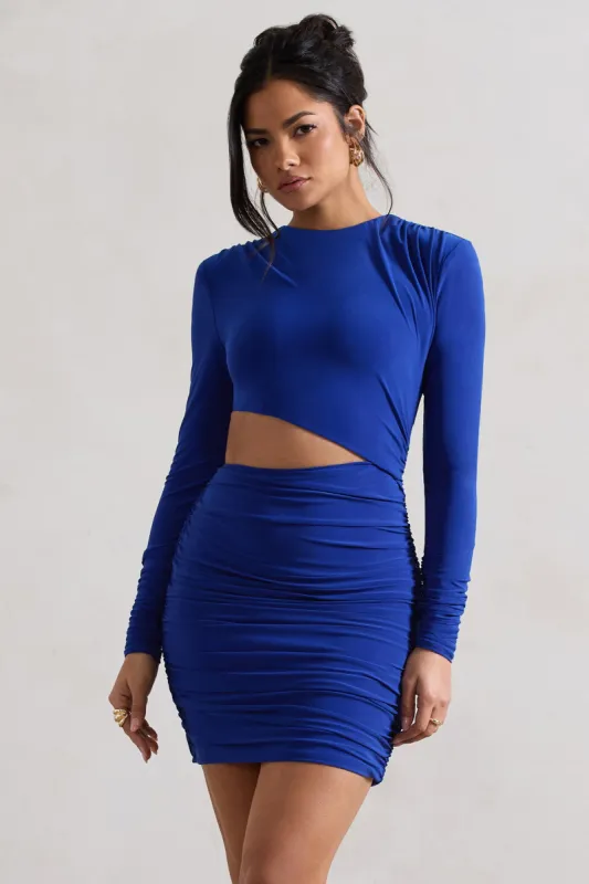 Tana | Royal Blue Ruched Bodycon Long Sleeve Cut-Out Mini Dress sold by Club L London