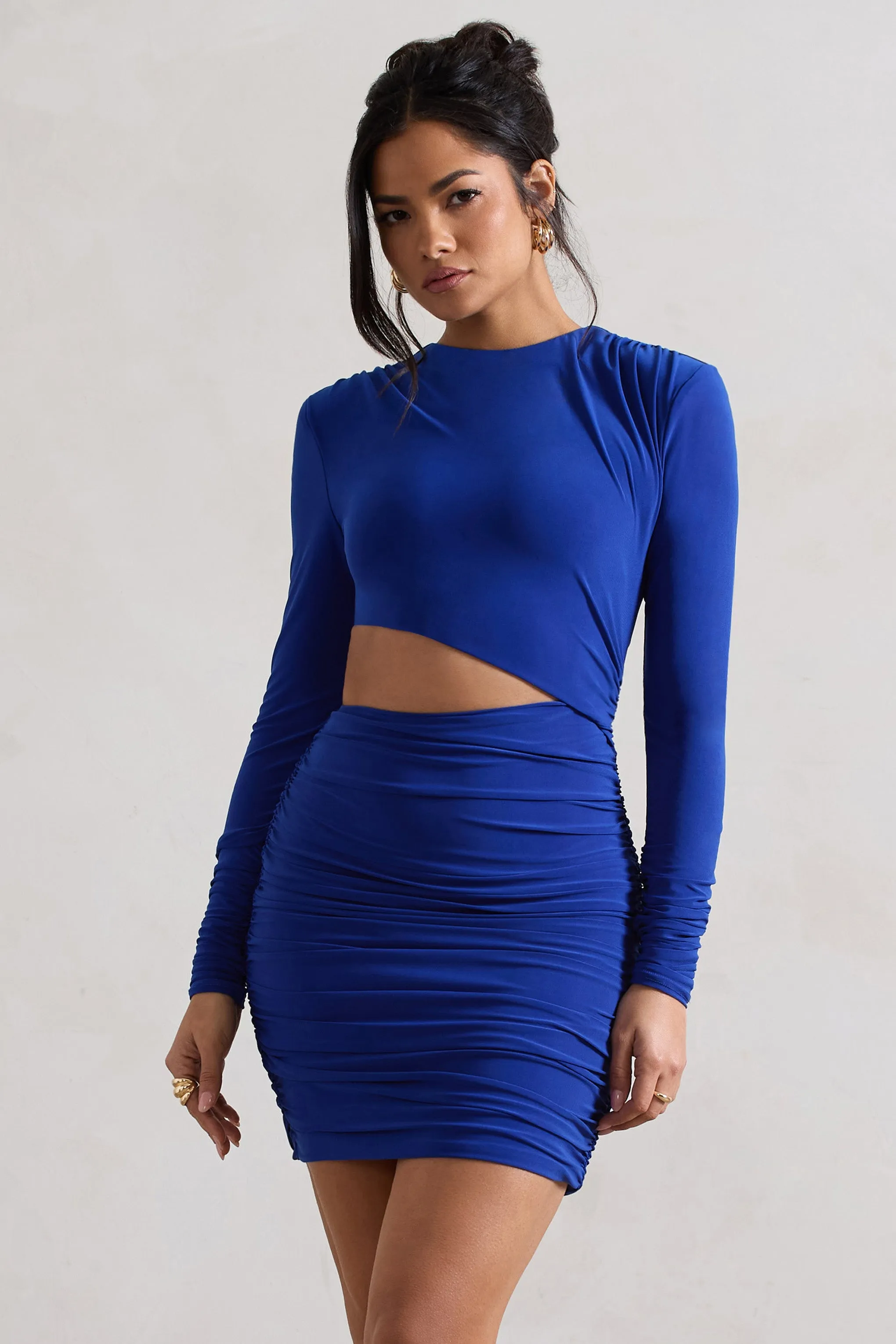 Tana | Royal Blue Ruched Bodycon Long Sleeve Cut-Out Mini Dress sold by Club L London