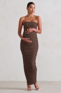 My Lady | Maternity Chocolate Brown Strapless Bodycon Ruched Mesh Maxi Dress sold by Club L London