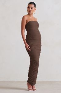 My Lady | Maternity Chocolate Brown Strapless Bodycon Ruched Mesh Maxi Dress sold by Club L London