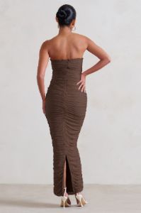 My Lady | Maternity Chocolate Brown Strapless Bodycon Ruched Mesh Maxi Dress sold by Club L London